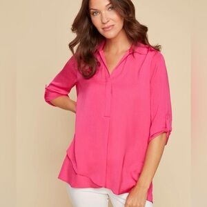 Renuar Air Flow Vibrant Pink Split-Neck Tunic Blouse